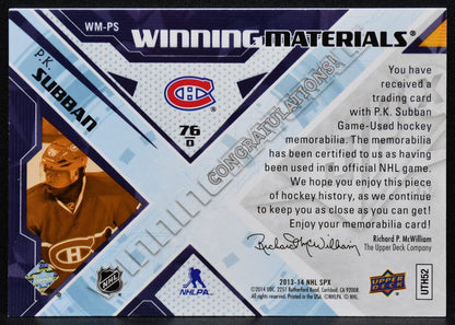 2013-14 SPx Winning Materials P.K. Subban WM-PS Montreal Canadiens Jersey 5453