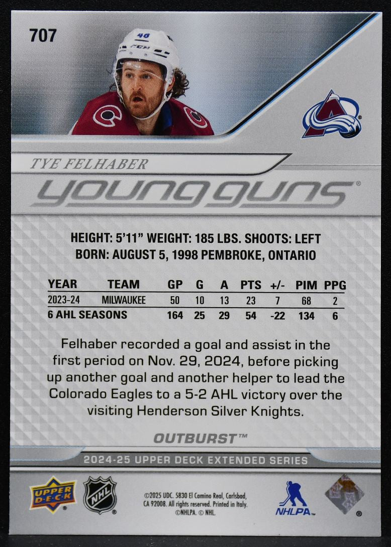2024-25 UD Extended Series Young Guns Outburst Felhaber 707 Avalanche RC 4210