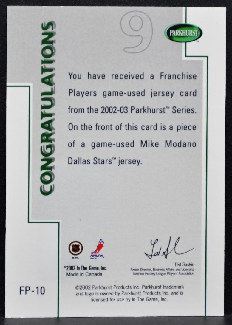 2002-03 Parkhurst Franchise Players Mike Modano FP-10 Dallas Stars Jersey 7478