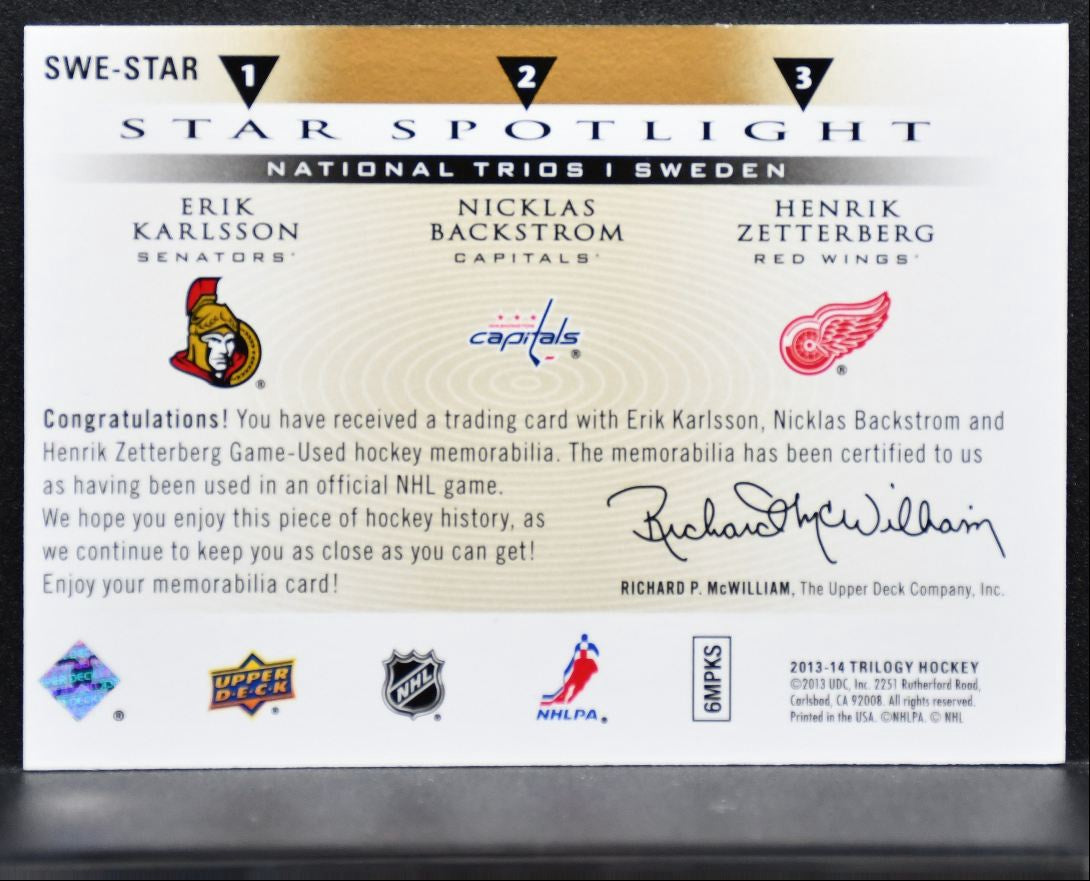 2013-14 Trilogy 3 Star Spotlight Trio Karlsson/Backstrom/Zetterberg Jersey 5012