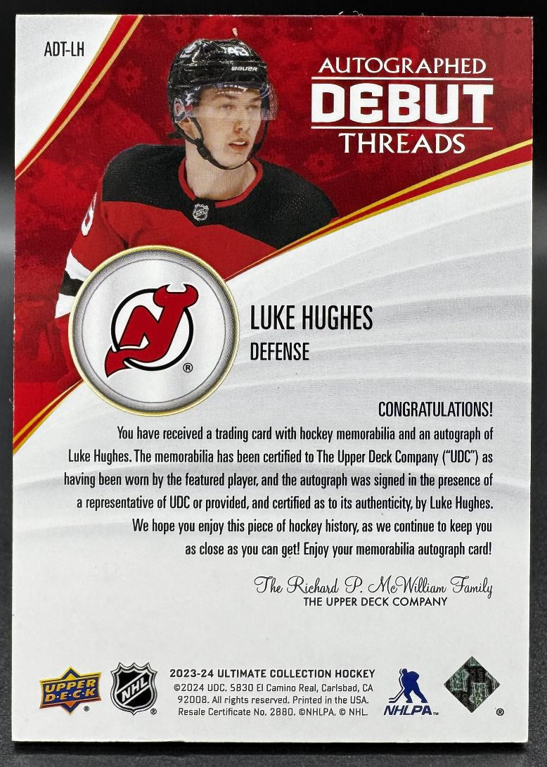 2023-24 UD Ultimate Collection Debut Threads Luke Hughes RC Auto Patch