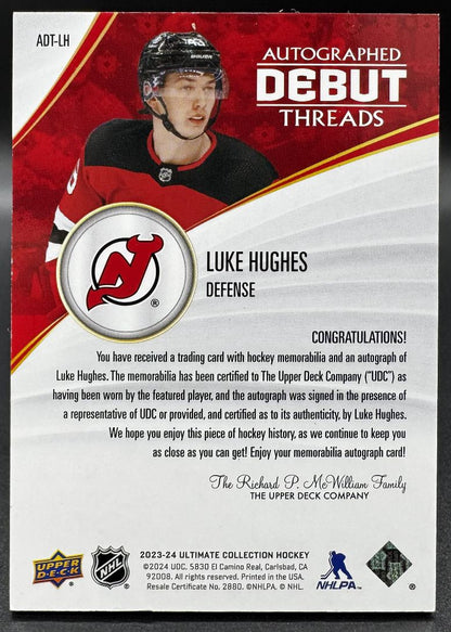 2023-24 UD Ultimate Collection Debut Threads Luke Hughes RC Auto Patch