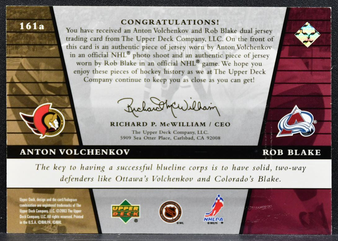 2002-03 UD Rookie Update Inspirations Volchenkov/Blake RC Jersey 2761