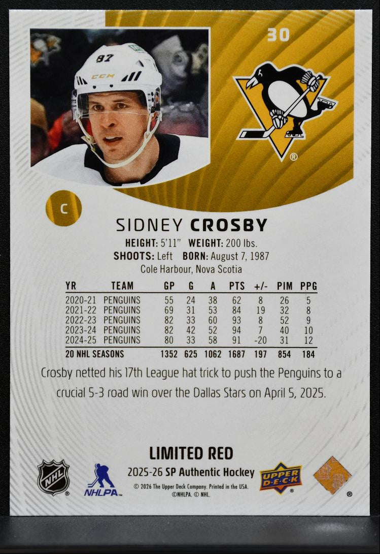 2025-26 SP Authentic Limited Red Sidney Crosby 30 Pittsburgh Penguins 3406