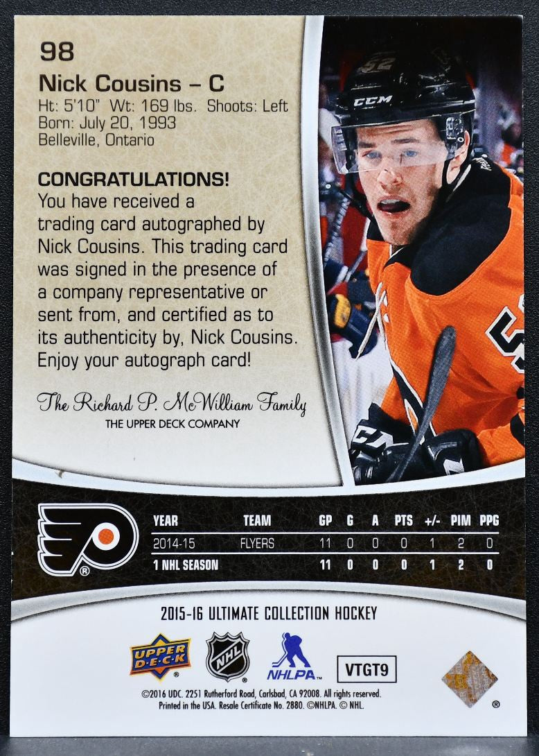2015-16 UD Ultimate Collection Rookies Auto Nick Cousins RC Auto 258/299 2152