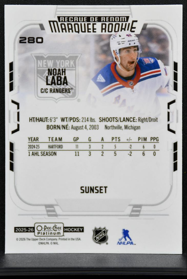 2025-26 O-Pee-Chee Platinum Sunset Noah Laba 280 New York Rangers RC 9386