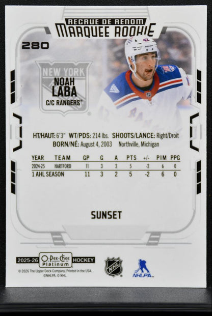 2025-26 O-Pee-Chee Platinum Sunset Noah Laba 280 New York Rangers RC 9386