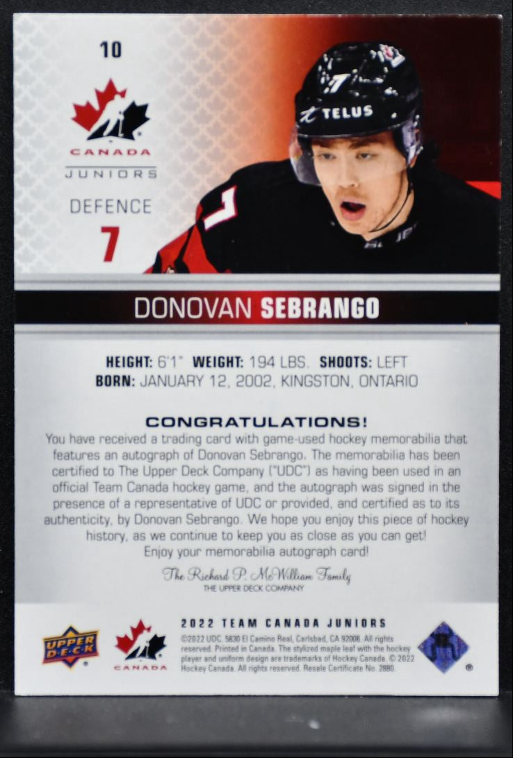 2022-23 UD Team Canada Juniors Donovan Sebrango Canada Auto 123/199 Jersey 3865