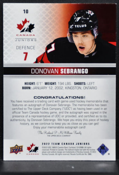 2022-23 UD Team Canada Juniors Donovan Sebrango Canada Auto 123/199 Jersey 3865