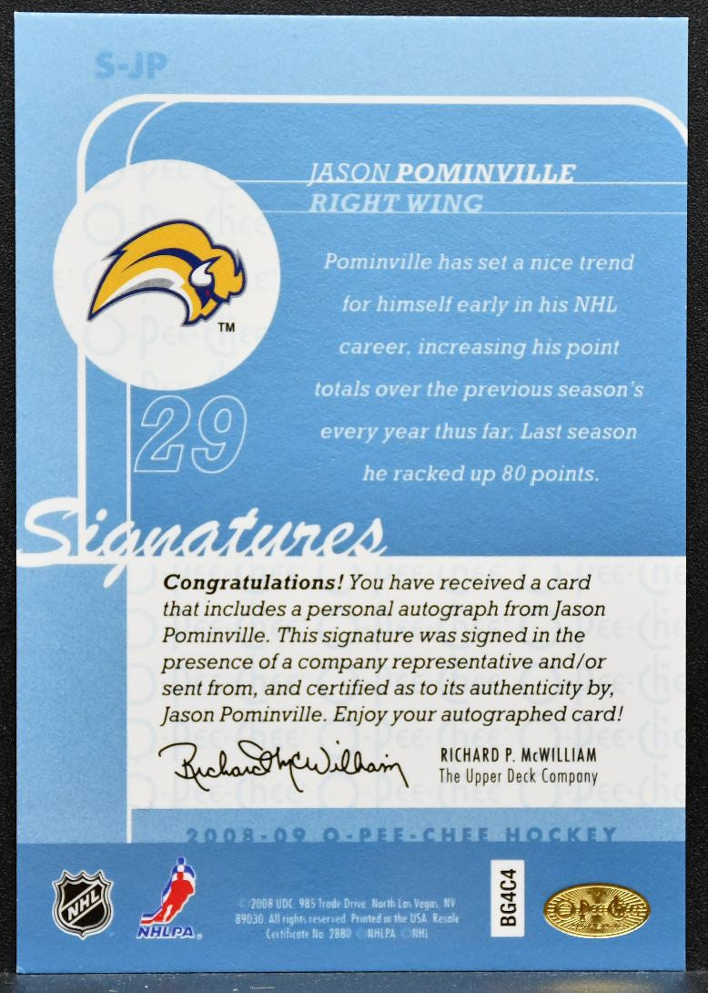 2008-09 O-Chee-Pee Signatures Jason Pominville S-JP Buffalo Sabres Auto 7453