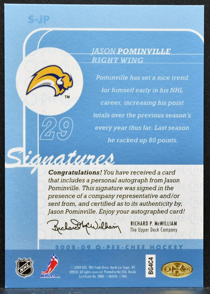 2008-09 O-Chee-Pee Signatures Jason Pominville S-JP Buffalo Sabres Auto 7453