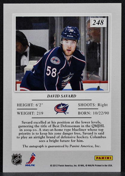 2011-12 Panini Elite Rookie Autographs David Savard 248 Jackets RC Auto 2299