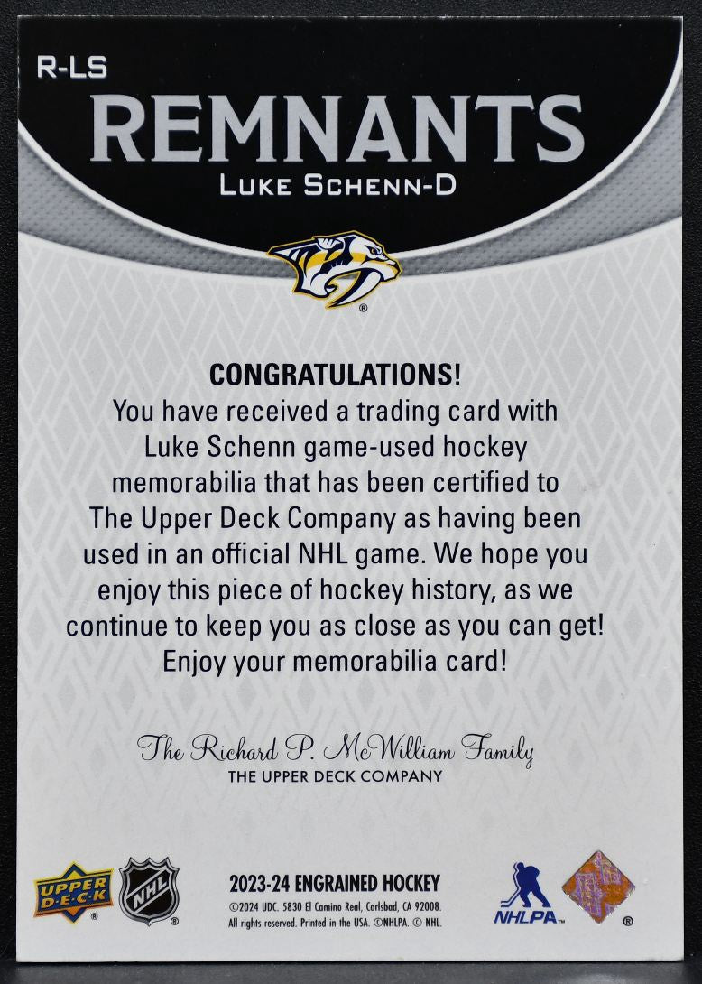 2023-24 UD Engrained Remnants Luke Schenn R-LS Predators Hockey Stick 2522