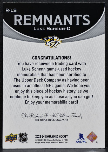 2023-24 UD Engrained Remnants Luke Schenn R-LS Predators Hockey Stick 2522