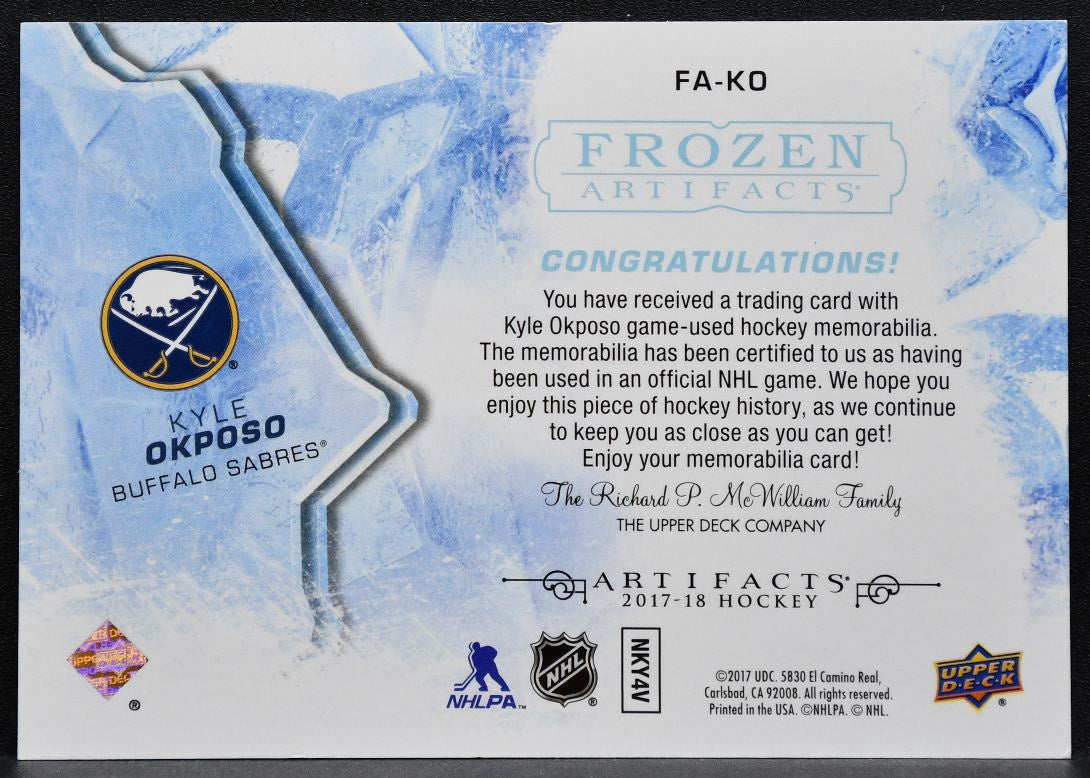 2017-18 Upper Deck Artifacts Frozen Kyle Okposo FA-KO Buffalo Sabres Jersey 2424
