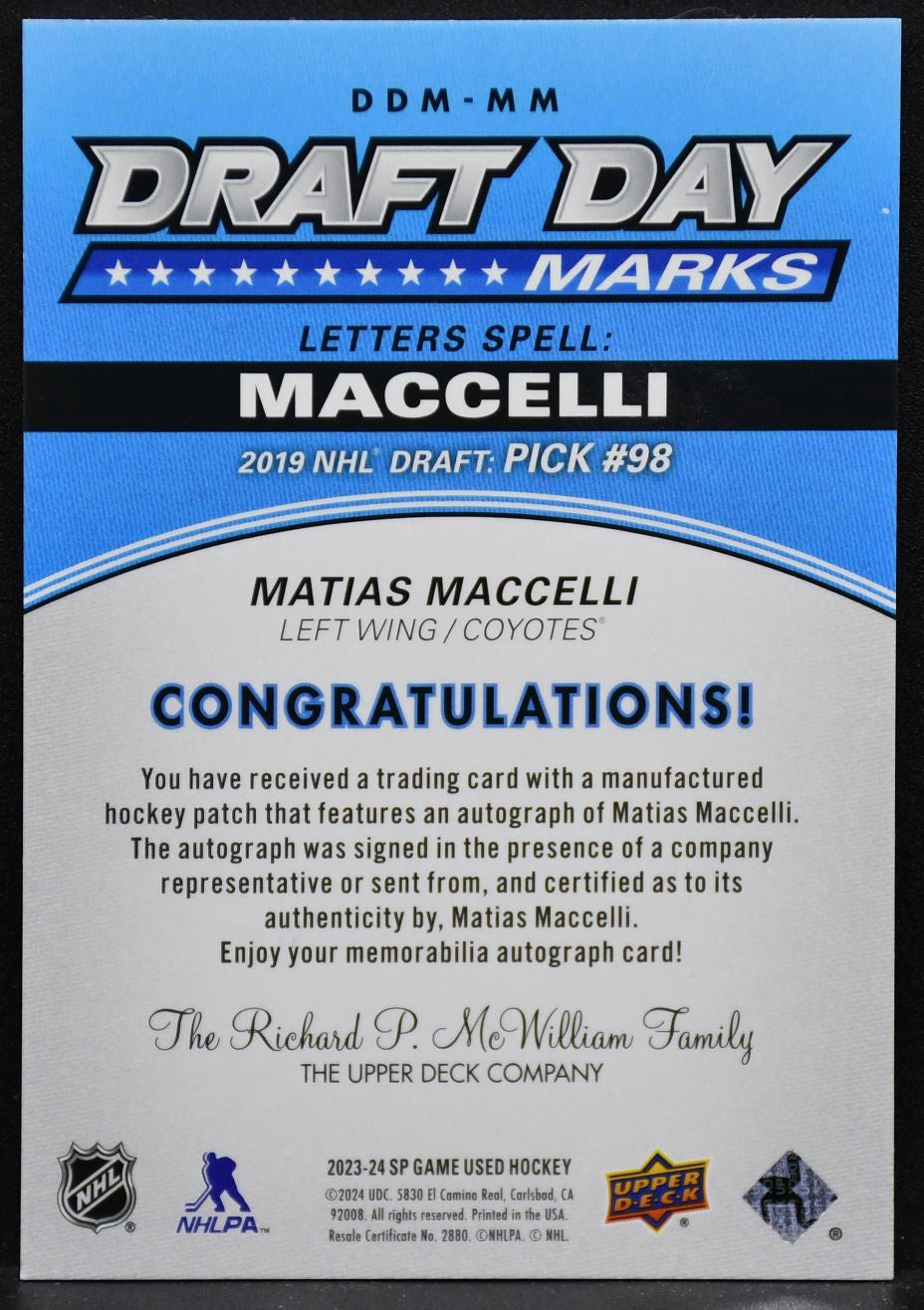 2023-24 SP Game Used Draft Day Marks Matias Maccelli 421 RC Auto 20/35 Patch