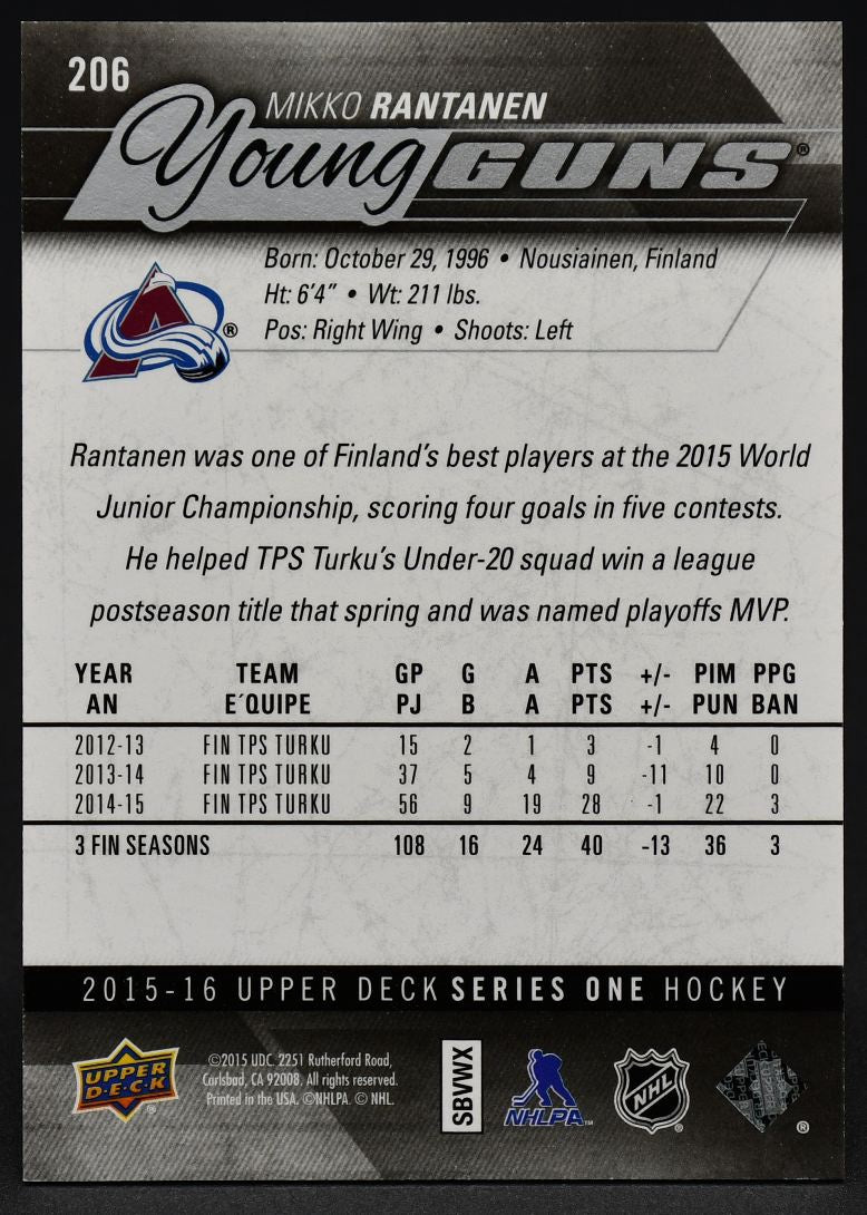 2015-16 UD Série 1 Jeunes Guns Mikko Rantanen 206 RC #2