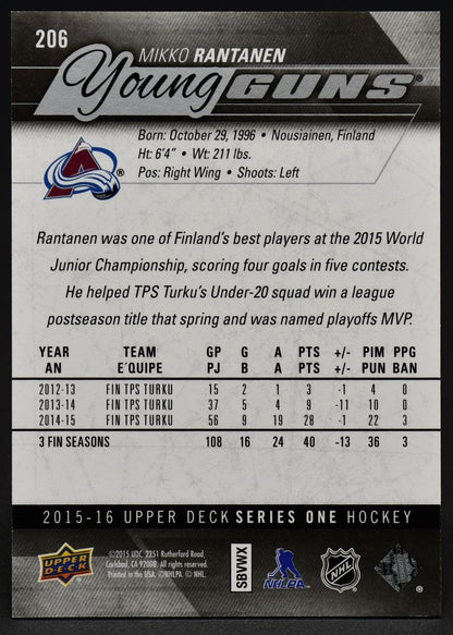 2015-16 UD Série 1 Jeunes Guns Mikko Rantanen 206 RC #2