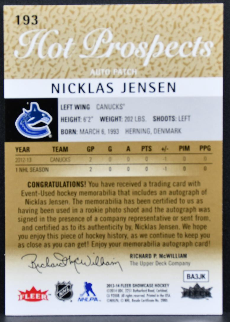 2013-14 Fleer Showcase Hot Prospects Auto Patch Jensen RC Auto Patch 9576