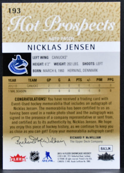 2013-14 Fleer Showcase Hot Prospects Auto Patch Jensen RC Auto Patch 9576