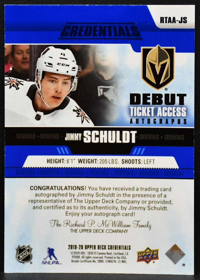 2019-20 UD Credentials Ticket Access Schuldt Golden Knights RC Auto 063/299 5880