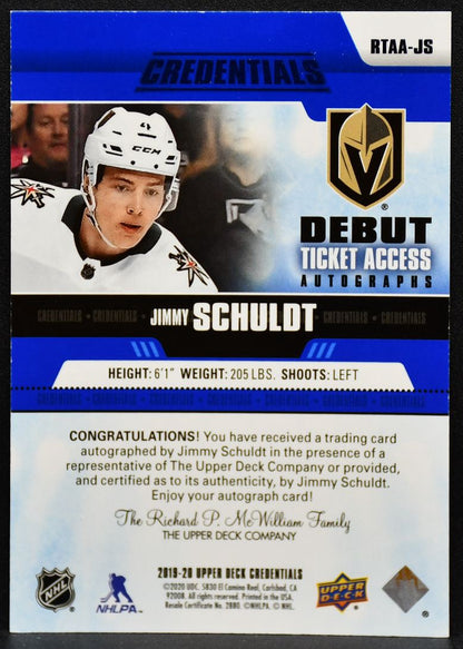 2019-20 UD Credentials Ticket Access Schuldt Golden Knights RC Auto 063/299 5880