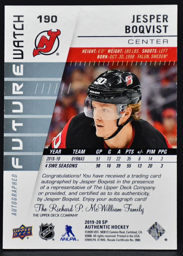 2019-20 SP Authentic Future Watch InscribedAuto Boqvist 190 RC Auto 461/999