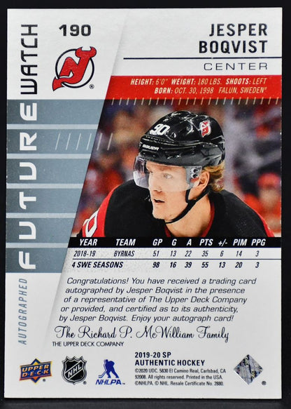 2019-20 SP Authentic Future Watch InscribedAuto Boqvist 190 RC Auto 461/999