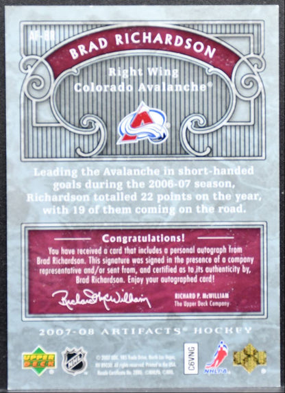 2007-08 Upper Deck Artifacts Auto-Facts Brad Richardson Avalanche Auto 0772