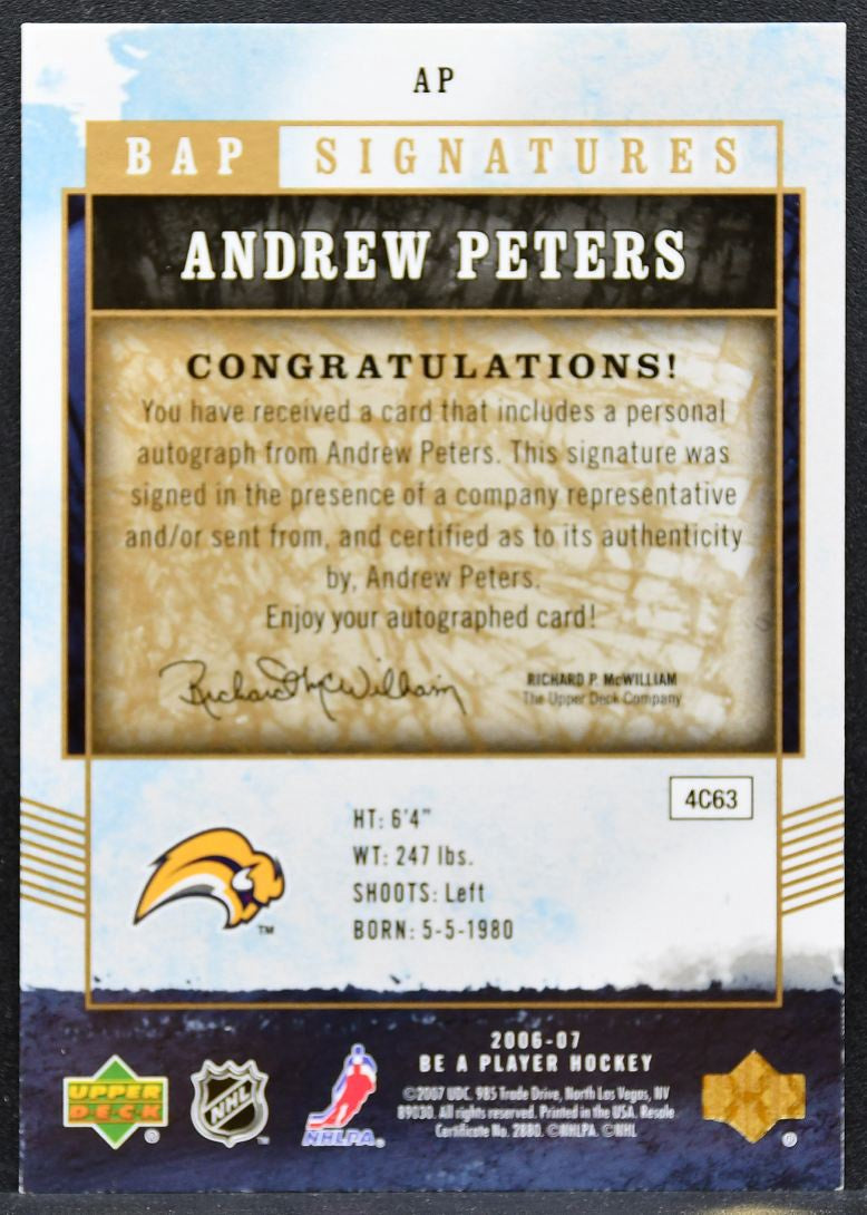 2006-07 Upper Deck BAP Signatures Andrew Peters AP Buffalo Sabres Auto 0775