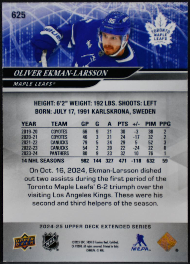 2024-25 UD Extended Series UD Exclusives Ekman-Larsson Maple Leafs /100 8660