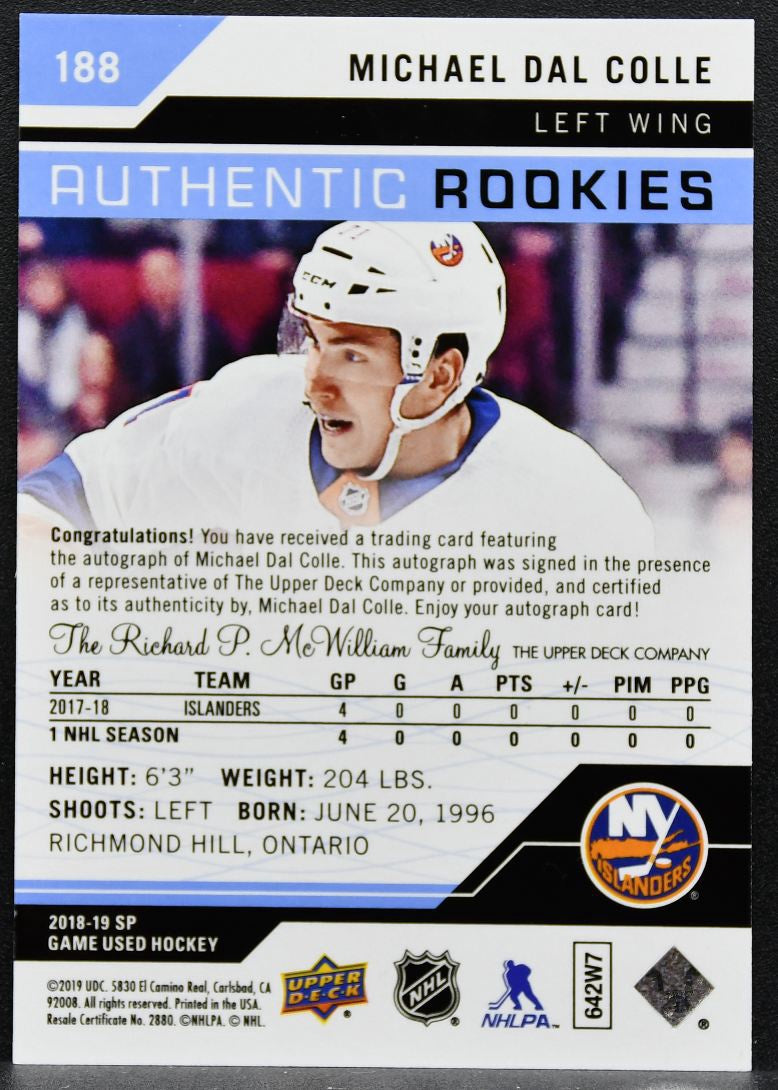 2018-19 SP Game Used Authentic Rookies Blue Autos Michael Dal Colle RC Auto 1788