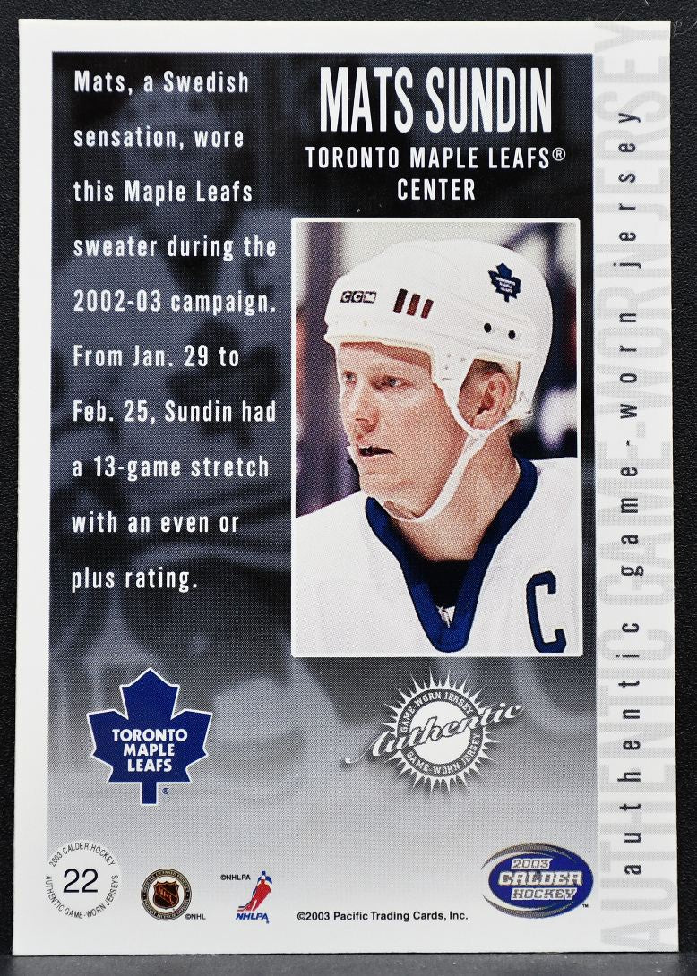 2003-04 Pacific Calder Jersey Mats Sundin 22 Toronto Maple Leafs Jersey 0172