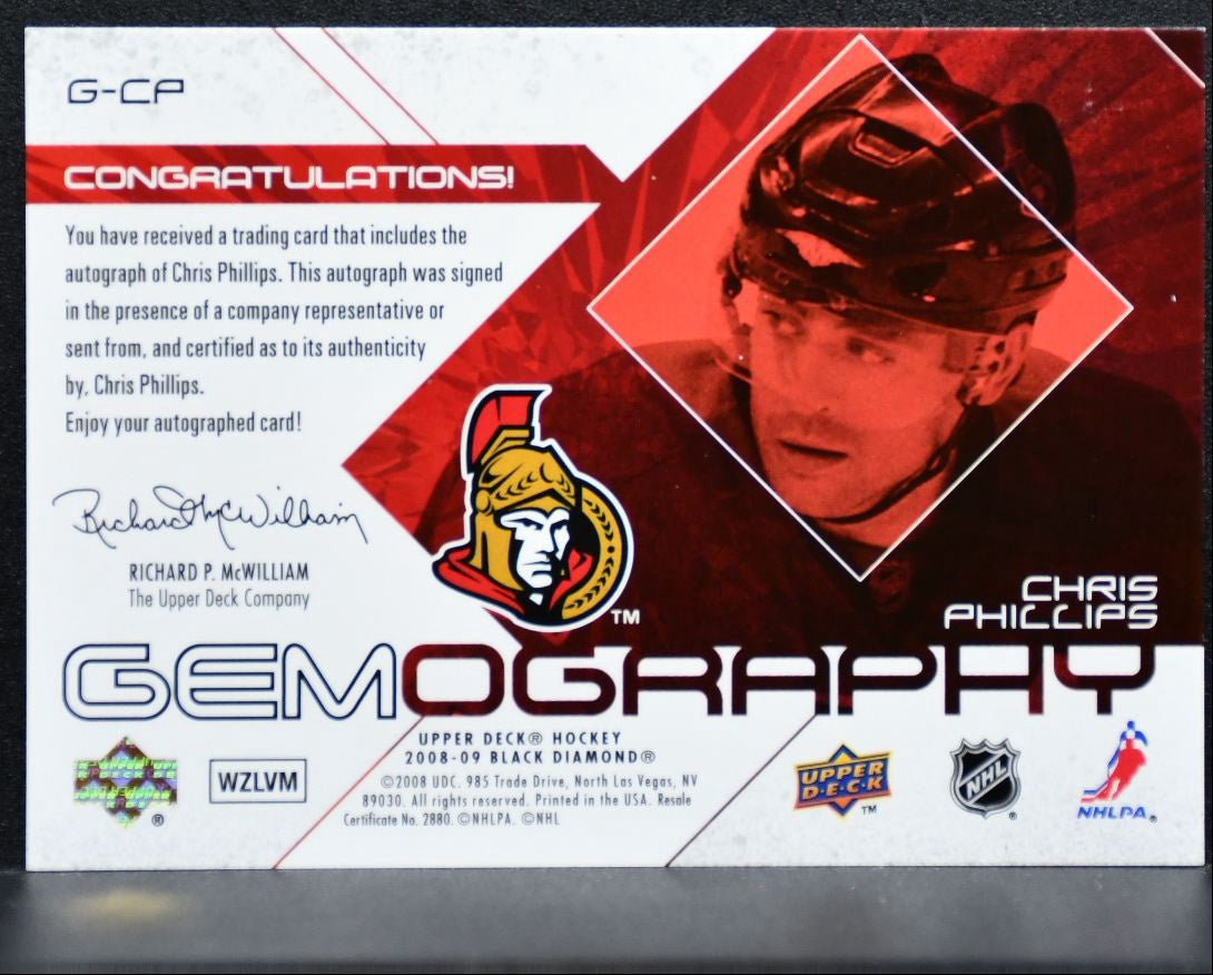 2008-09 Upper Deck Black Diamond Gemography Chris Phillips Senators Auto 9977
