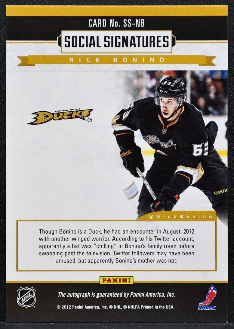 2012-13 Panini Social Signatures Nick Bonino SS-NB Anaheim Ducks Auto 8771