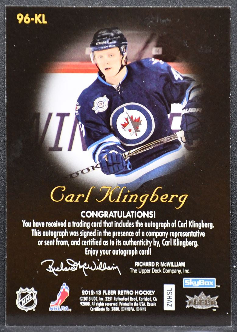 2012-13 Fleer Skybox Autograohics Carl Klingberg 96-KL Winnipeg Jets Auto 3511