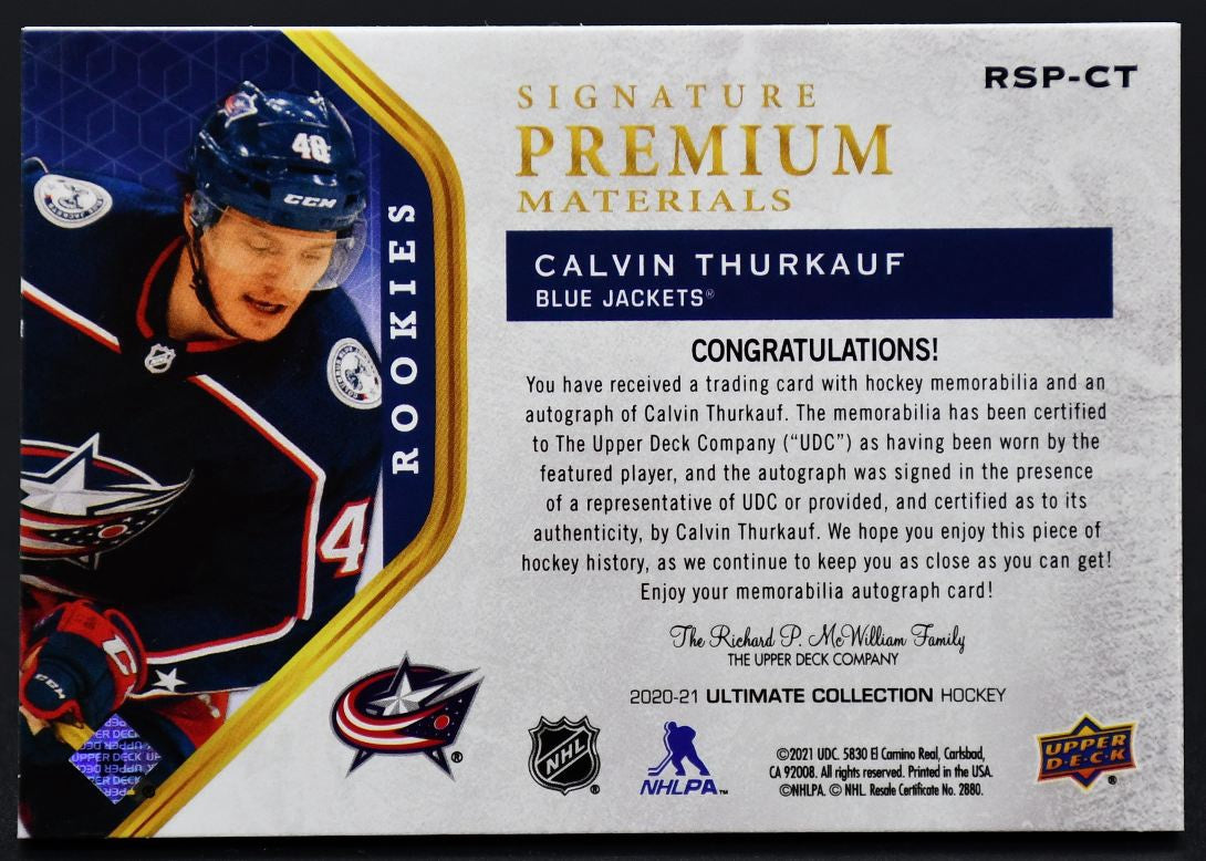 2020-21 UD RC Signature Premium Materials Thurkauf Blue Jackets Auto /65 Patch