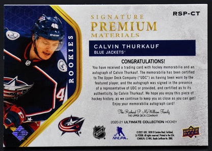 2020-21 UD RC Signature Premium Materials Thurkauf Blue Jackets Auto /65 Patch