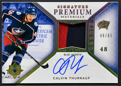 2020-21 UD RC Signature Premium Materials Thurkauf Blue Jackets Auto /65 Patch