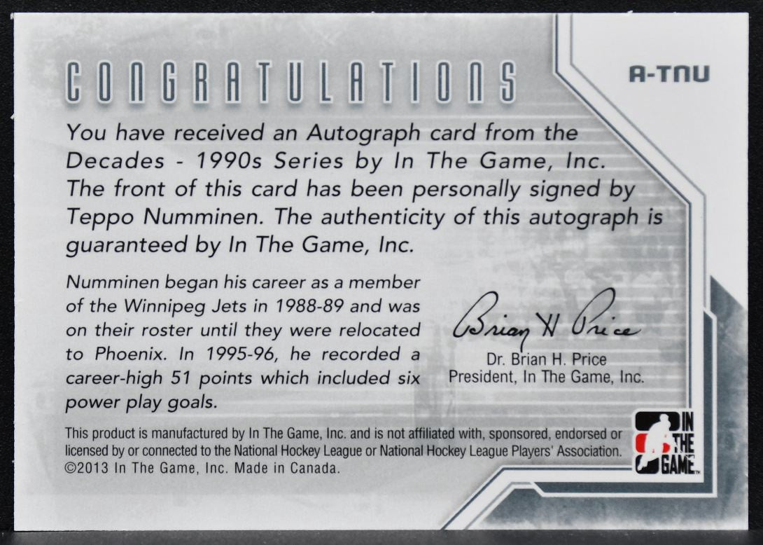 2013-14 In The Game Decades 1990s Autographs Teppo Numminen A-TNU Auto 9965