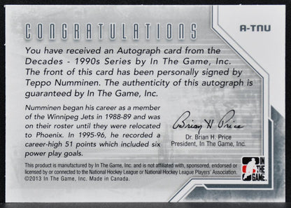2013-14 In The Game Decades 1990s Autographs Teppo Numminen A-TNU Auto 9965