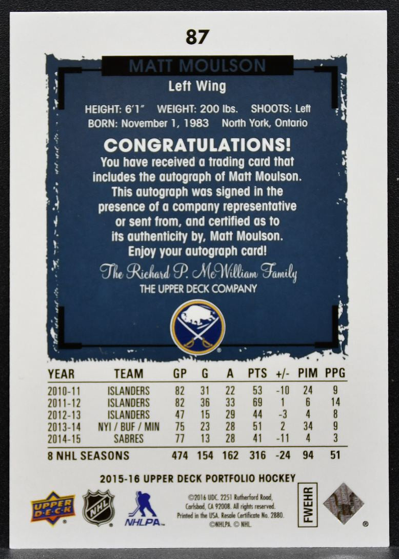 2015-16 Upper Deck Portfolio Autographs Matt Moulson 87 Buffalo Sabres Auto 0116