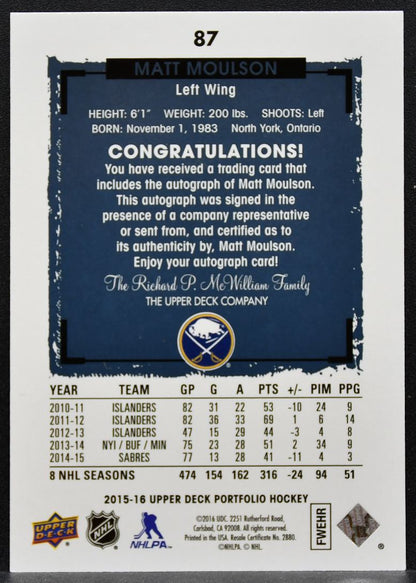 2015-16 Upper Deck Portfolio Autographs Matt Moulson 87 Buffalo Sabres Auto 0116