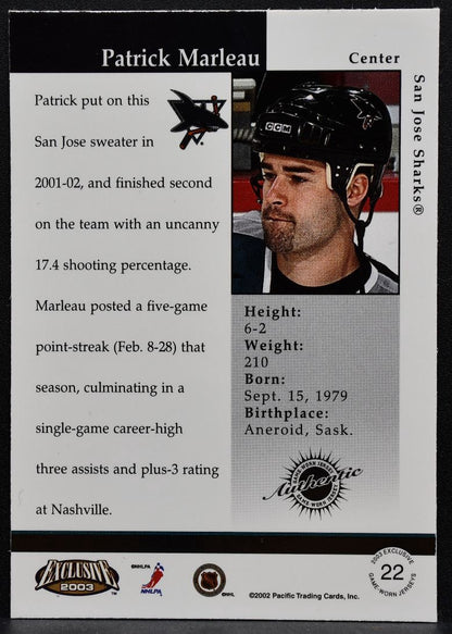 2002-03 Pacific Exclusive Jerseys Patrick Marleau 22 San Jose Sharks Jersey 5949