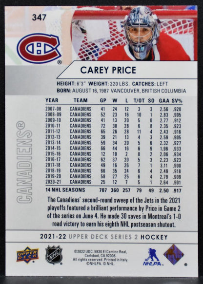 2021-22 Upper Deck Series 2 Photo Variante Carey Price Montreal Canadiens 8178