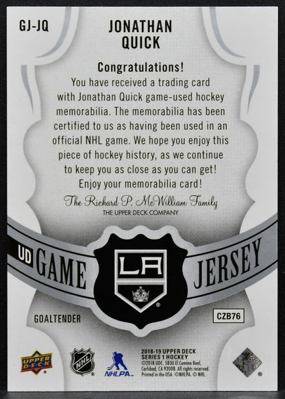 2018-19 Upper Deck Series 1 UD Game Jersey Jonathan Quick Kings Jersey 2594