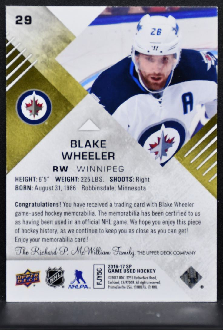 2016-17 SP Game Used Gold Material Blake Wheeler 29 Winnipeg Jets Jersey 4060