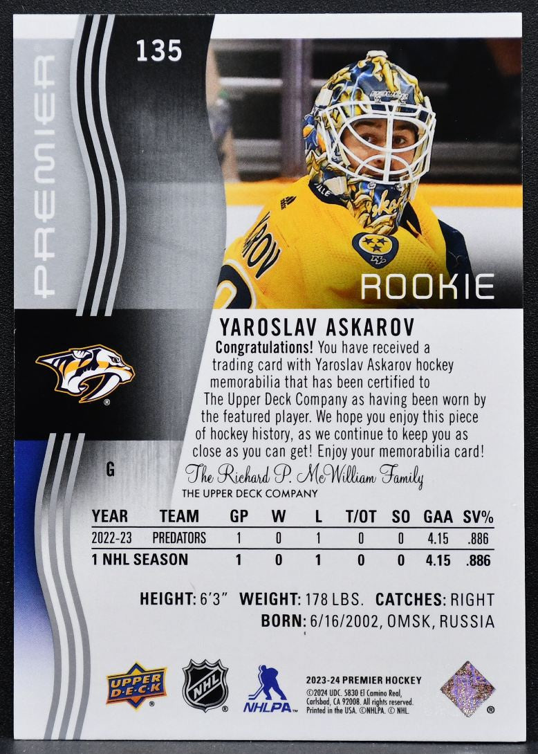2023-24 UD Premier Rookie Jersey Yaroslav Askarov 135 Predators RC Jersey 6712