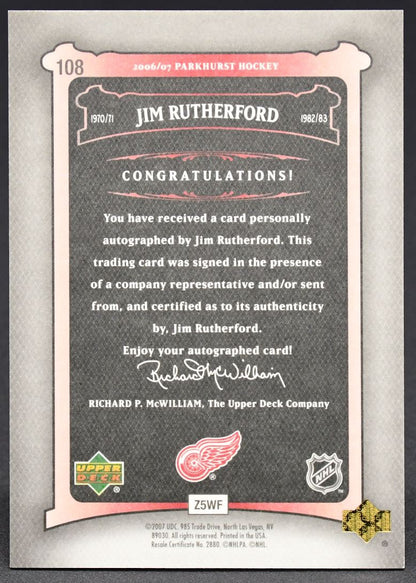 2006-07 Parkhurst Base Auto Jim Rutherford 108 Auto