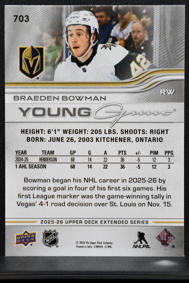 2025-26 UD Extended Series Young Guns Braeden Bowman 703 Golden Knights RC 3130